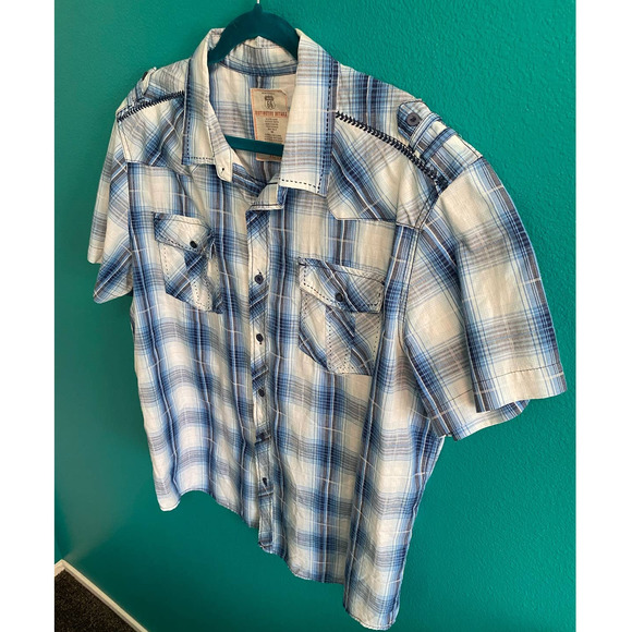 Vintage Route 66 Blue Plaid Short Sleeve Button Down Shirt Men's XL - Picture 10 of 10